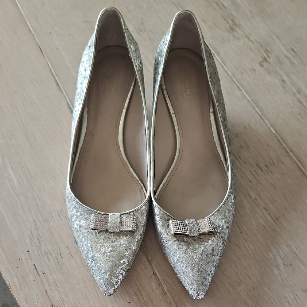 Coach Women's Pointed Glitter Flats in Metallic Gold with Bow Accent